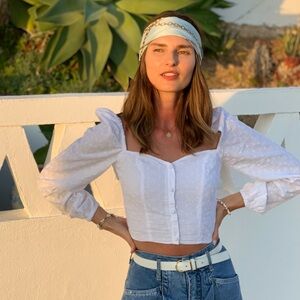 Stradivarius White cotton eyelet crop top blouse with puff sleeves